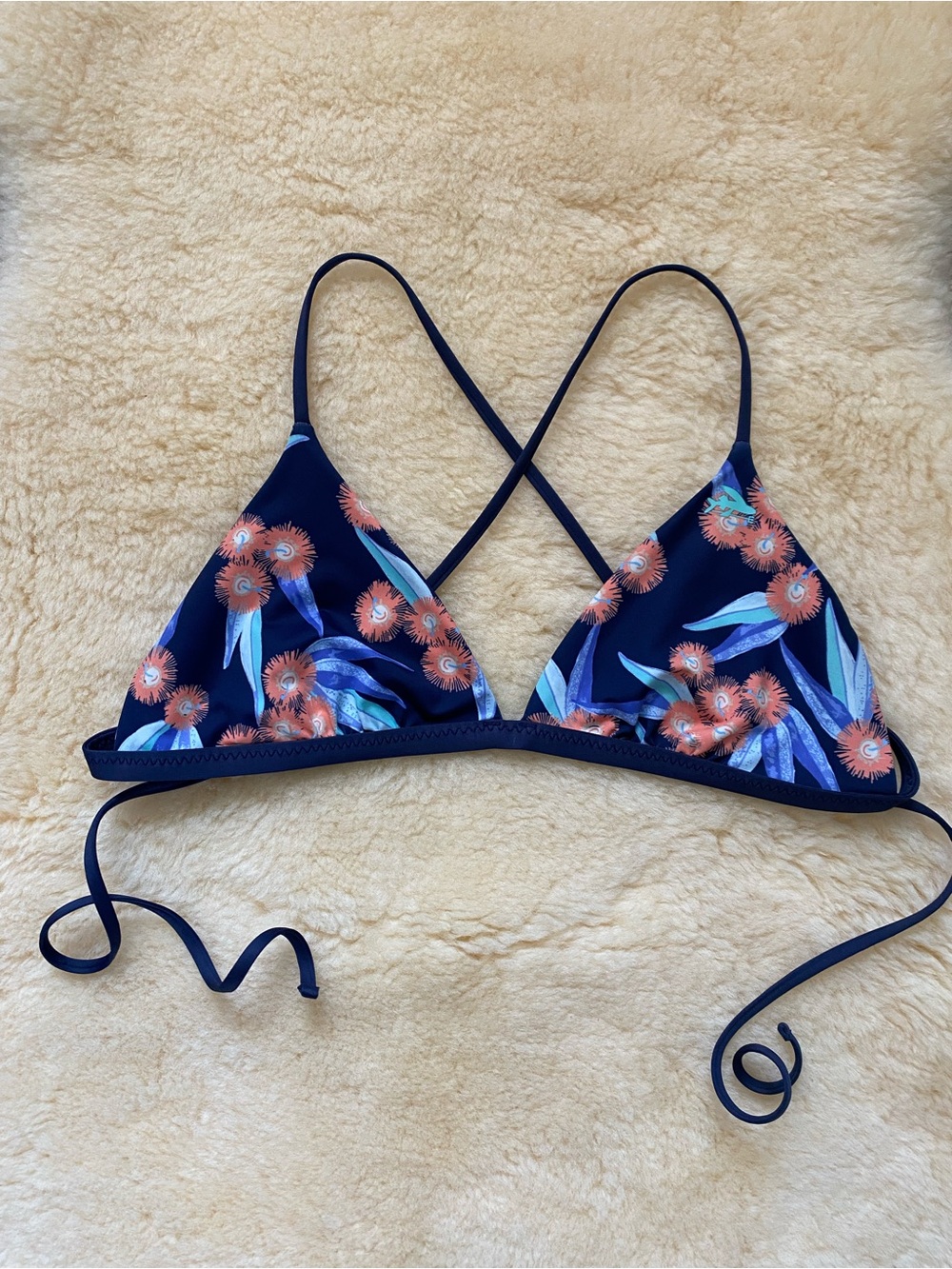 Patagonia Nanogrip Triangle Bikini Top Floral Navy with Coral Accents Tie Back
